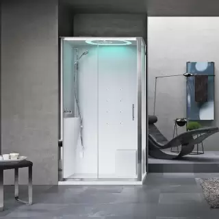 Novellini Eon Душевая кабина 120х80х236см, Sx, поддон H=11.5см термостатический смеситель, турецкая баня, гидромассаж, верхний душ, LED подсветка, стекло, цвет: хром/белый глянец