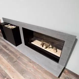 Antonio Lupi Piano Fuoco Камин дровяной 212.4/75.8х32х69.2cм., встраиваемый в стену, дверца выдвижная из керамического стекла, рама из камня Basalto