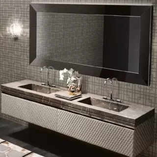 VITAGE milldue edition FOUR SEASONS Комплект мебели с базой, интегрированными раковинами PLANS, зеркалом YORK, 216см, подвесной, Цвет: мрамор bronzo amani-B58/ экокожа visione-223/ черный хром