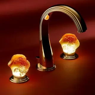 THG Dragon Sun Смеситель для раковины на 3 отверстия, с донным клапаном, ручки с подсветкой, цвет: полированное золото