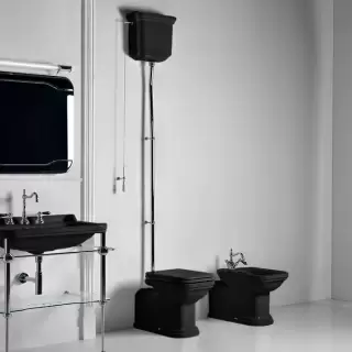 Kerasan Waldorf Унитаз  пристенный удлиненный, с высоким бачком- уст-ка на расстоянии 2см от стены и трубой, цвет: черный/хром