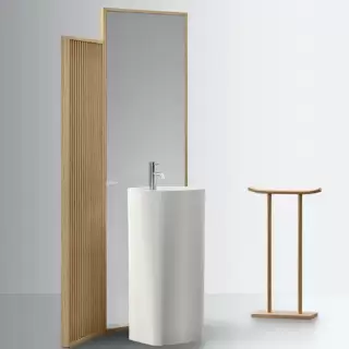 NOORTH milldue edition AZUMA Комплект 127см из напольной ширмы в матовом шпоне с зеркалом и напольной раковины из Cristalplant, цвет: rovere mezza fiamma-7777 / белый матовый