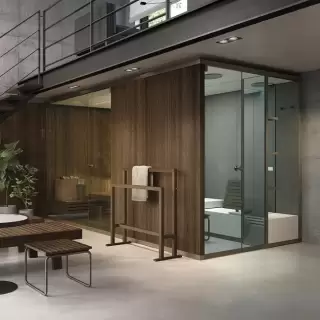 Effegibi BodyLove SH Side Сауна&Хаммам 365x202x220см, пристенная, цвет: термообработанная древесина/керамогранит Champagne