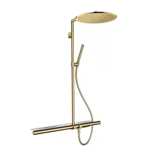 Axor Citterio Душевая стойка с термостатом, верхним душем &Oslash;350мм, 1jet, шлангом, ручным душем и полочкой, цвет: полированное золото