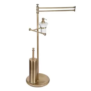 TW Harmony 004, стойка напольная, комбинированная: двойной п/держ, .керам.дозатор (белый), держатель т/б, ёршик, цвет держателя: бронза