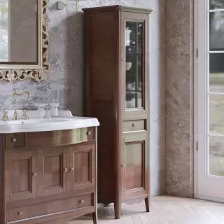 TW Veronica Nuovo колонна напольная с 2-мя дверцами, 1-м выдвижным ящиком, 3-мя стеклянными полками, доводчиками Blum, ручки бронза, DX - петли справа, Цвет: NOCE