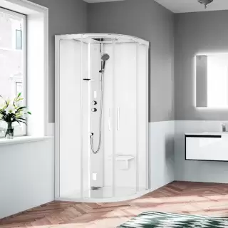 Novellini Glax Душевая кабина 100х100х224см., Standart с крышей , смеситель термостатический, Hammam и сиденье, цвет: белый матовый/стекла прозрачные