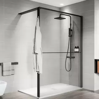 Novellini Kuadra HWS Душевое ограждение 137-140х200cм., с свободным входом, Dx, с полкой, стекло прозрачное, цвет: черный матовый