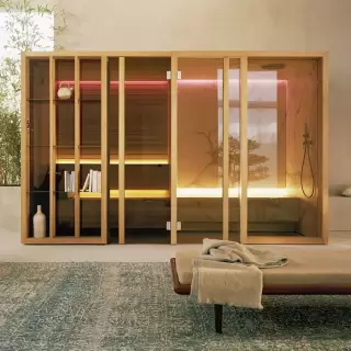 Effegibi Yoku SH Glass Сауна&Хаммам 342x170х214см, в нишу, цвет: чёрный орех/Calacatta Gold Extra