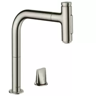 Hansgrohe Metris M71 Смеситель для кухни, на 2 отв, поворотный излив: 22.1см с вытяжным душем, 2jet, h:20.8см, sBox, цвет: нержавейка