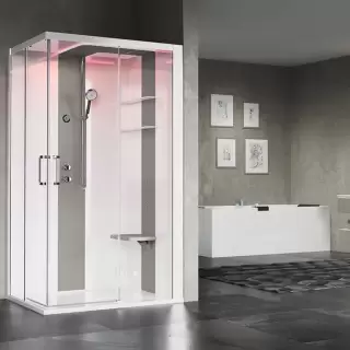 Novellini Skill A Душевая кабина 120х80х217.5cмм., Dx, Essential, поддон 12.5см., с термостатическим смесителем, стекло, цвет: белый глянц/Light grey