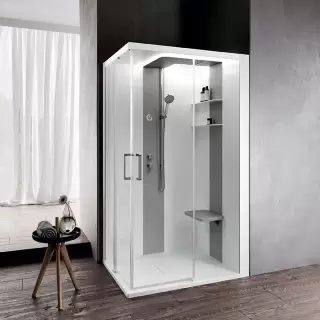 Novellini Skill A Душевая кабина 120х100х217.5cмм., Dx, Essential, поддон 12.5см., с термостатическим смесителем, стекло, цвет: белый глянц/Light grey