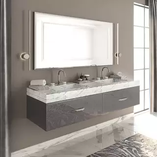 VITAGE milldue edition HILTON Тумба подвесная 180х56х32см, мраморная столешница с 2 раковинами, отделка: стекло twill smoke