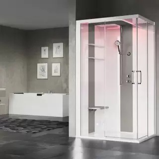 Novellini Skill A Душевая кабина 120х80х217.5cмм., Sx, Essential, поддон 12.5см., с термостатическим смесителем, стекло, цвет: белый глянц/Light grey