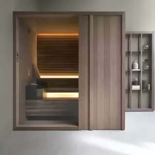 Effegibi Yoku S Door Сауна 230x200х214см, угловая DX, цвет: осина термообработанная