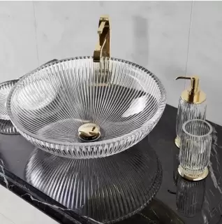 3SC ELEGANCE Раковина накладная, D=43,5/h16 см, без отверстия под смеситель, донный клапан в комплекте, цвет: прозрачный хрусталь/золото 24к.