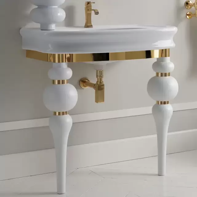 3SC VIA VENETO Консоль с раковиной LANTE 90 см,цвет белый глянец, в комплекте с сифоном, напольная, цвет консоли белый матовый/золото 24к.