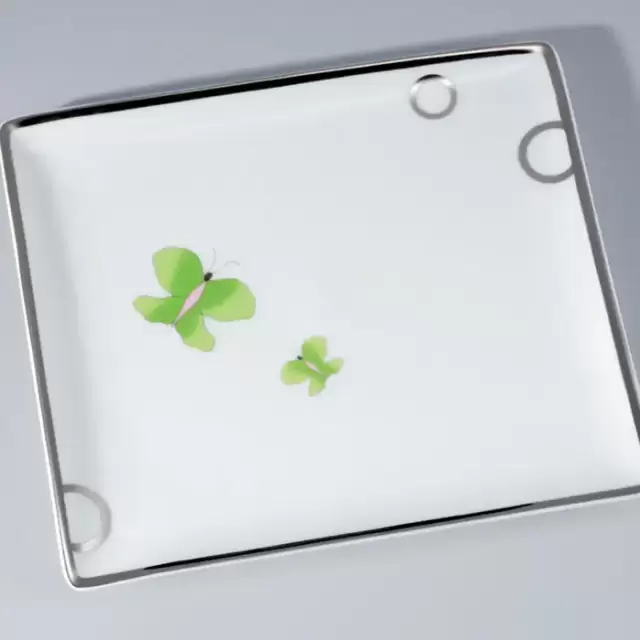 THG CAPUCINE VERT DECOR PLATINE Поднос керамический 220х198 мм., настольный, large size, декор платина/зеленый, цвет: белый