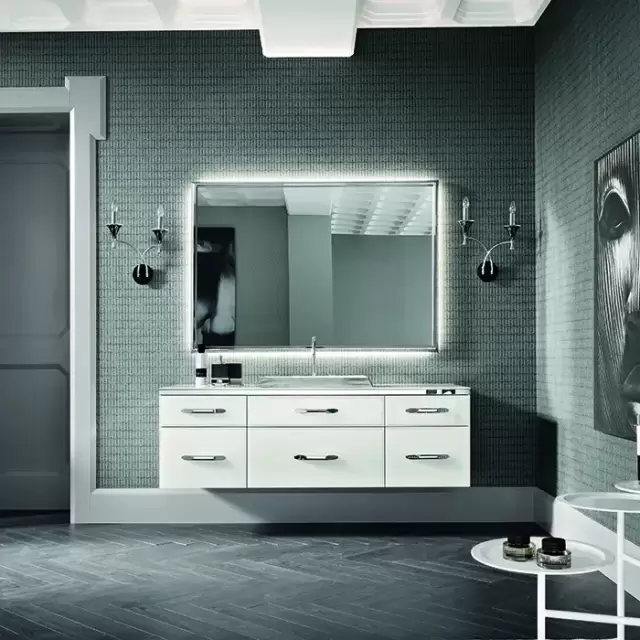 VITAGE milldue edition HILTON Комплект мебели с базой, раковиной DIAMOND, зеркалом DIAMOND, 162см, ручки хром, подвесной, Цвет: bianco-41, платина, сталь