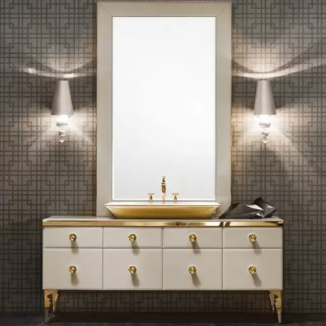 VITAGE milldue edition MAJESTIC Комплект мебели с базой 180см, раковиной NIZZA, зеркалом GINEVRA и светильниками,  напольная, ручки золото Цвет: mandorla-13/золото
