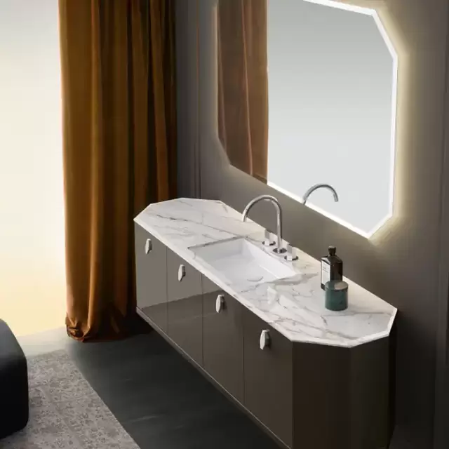 VITAGE milldue edition DANDY Комплект мебели с базой, ручки хром, раковиной PANAMA 47, зеркалом CRYSTAL с подсветкой, 174см, лак высокий глянец подвесной, Цвет: fango luc-121/arabescato-B15