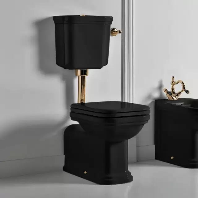 Kerasan Waldorf Унитаз напольный удлиненный c низким бачком, трубой, цвет: черный/золото