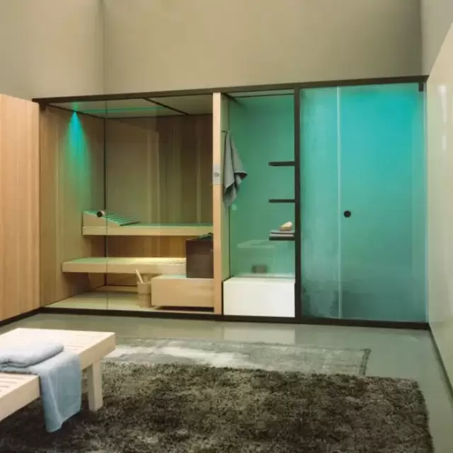 Effegibi BodyLove SH Front Сауна&Хаммам 393x176x220см, угловая DX, цвет: термообработанная древесина/трубчатое стекло