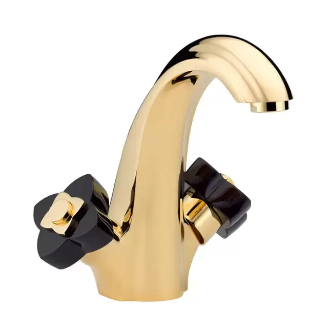 THG Petale de Cristal noir Смеситель для раковины, 1 отв., цвет: золото/черный хрусталь