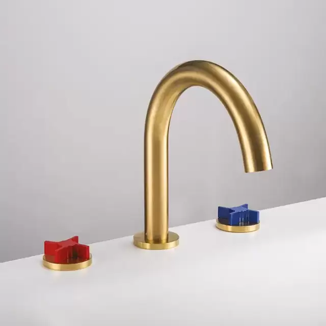 Gattoni GAS Смеситель для раковины на 3 отв., в комплекте с донным клапаном, цвет: Satin gold/красный/синий