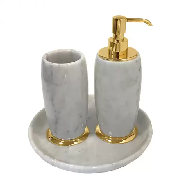 3SC Elegance Коплект: стакан, дозатор, лоток,  мрамор bianco carrara/, цвет: золото 24к. Lucido