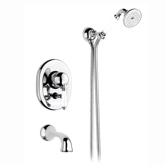 Nicolazzi P.m. Blanc A Смеситель для ванны однорычажный, встраиваемый, с изливом 160мм и ручным душем, ручки состаренная керамика, цвет: хром