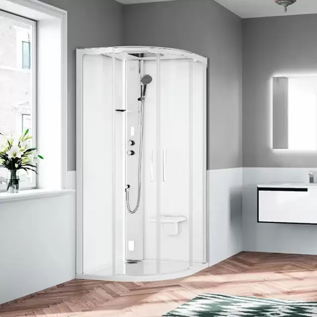 Novellini Glax Душевая кабина 90х90х224см., Standart с крышей , смеситель термостатический, Hammam и сиденье, цвет: белый матовый/стекла прозрачные