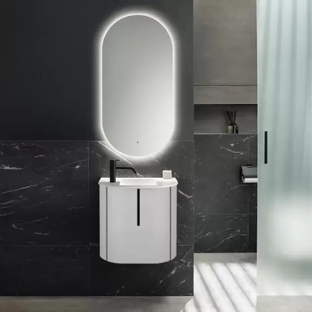 Burgbad Lavo 2.0 Комплект мебели 53х35х49.2см., с 1 отверстием для смес. слева, 1 дверь, раковина белая Velvet, ручка черная, подвесной, цвет белый глянцевый