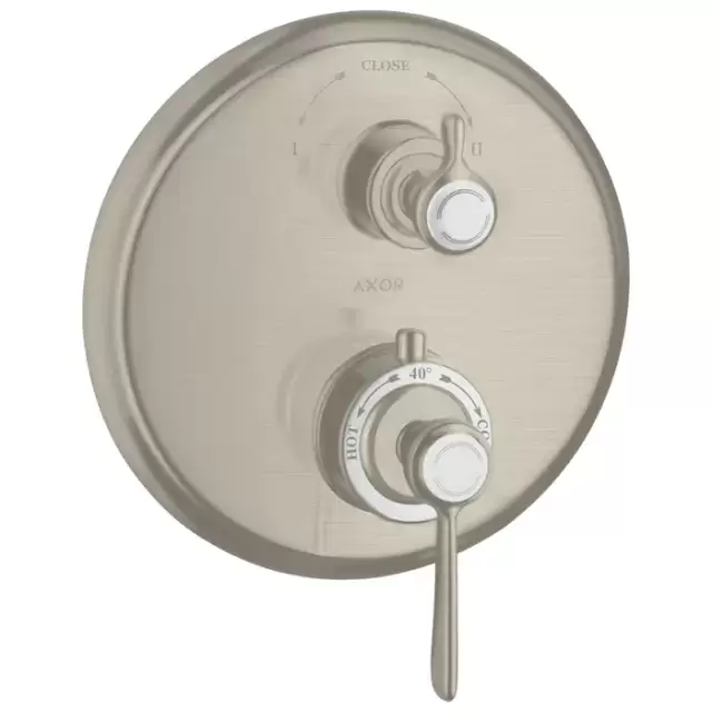 Axor Montreux, Термостат с запорным/ переключающим вентилем, с рычаговой рукояткой, СМ, внешняя часть, цвет: никель шлифованный