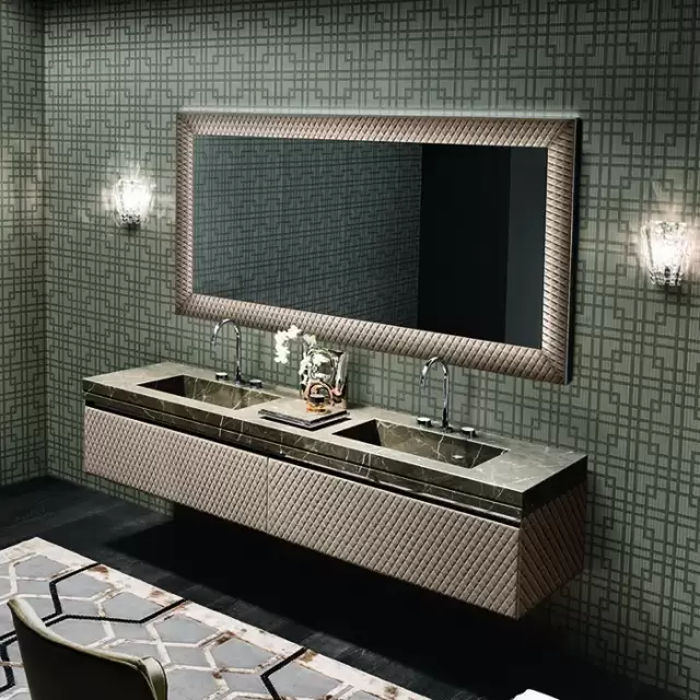 VITAGE milldue edition FOUR SEASONS Комплект мебели с базой, интегрированными раковинами PLANS, зеркалом LOSANNA, 216см, подвесной, цвет: мрамор bronzo amani-B58 экокожа visione-223 черный хром