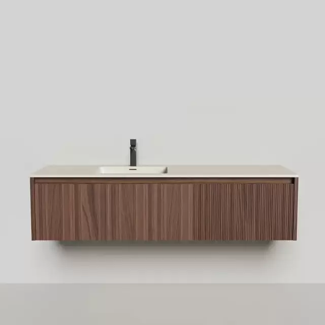 Salini Domino Тумба с раковиной, 140х50х40см., из S-Stone в сборе, д/к; крепеж; сифон; фасад: шпон орех, столешница: Ral9001