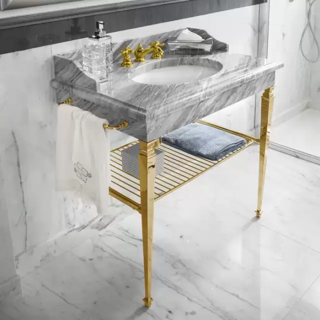 3SC Consolle Консоль Regale 95х60хh77см, с 1 раковиной, сифоном, полкой и полотенцедердателями, напольная, цвет: золото 24к. Lucido