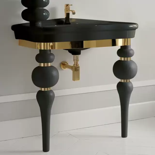 3SC Consolle Консоль Via Veneto 70х52хh96см, с раковиной LA11 и сифоном, напольная, цвет: черный матовый/золото 24к. Lucido