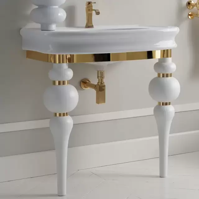 3SC Consolle Консоль Via Veneto 70х52хh96см, с раковиной LA11 и сифоном, напольная, цвет: белый матовый/золото 24к. Lucido