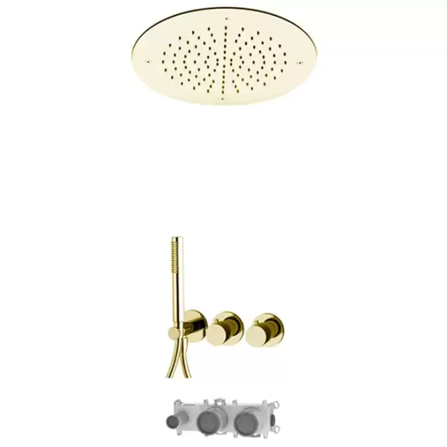 Fima Carlo Frattini Sistemi doccia Душевая система, с верхним душем 49х49см., встраиваемый, термостатическим смесителем, на 2 выхода и ручным душем, цвет: золото