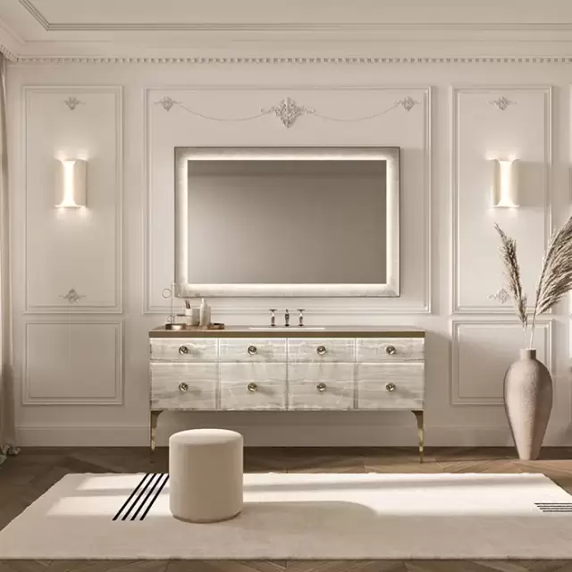 VITAGE milldue edition MAJESTIC 10 Комплект мебели 180х55х82см напольный, раковина, зеркало, с подсветкой, отделка: стекло alabastro gold, фурнитура: бронза