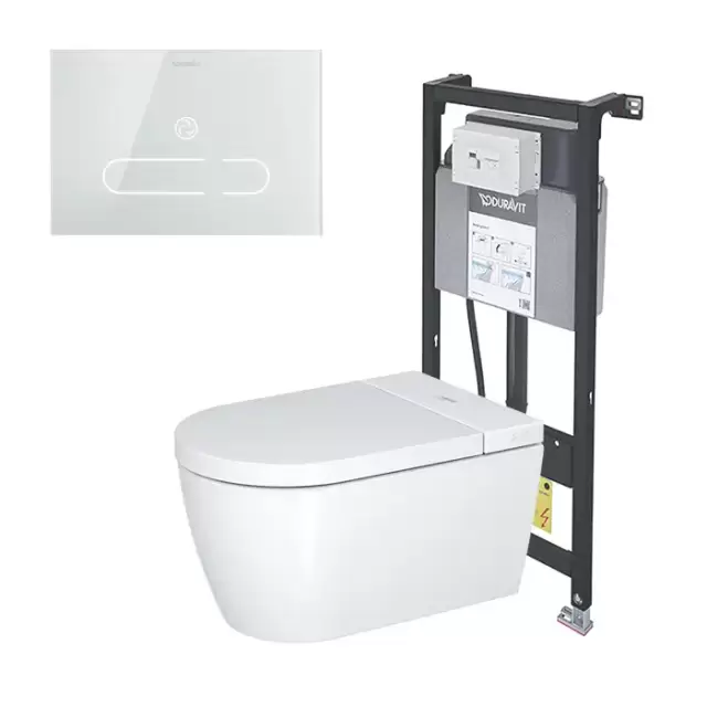 Duravit Starck F Plus Унитаз подвесной, безободковый, с сиденьем Sensowash, инсталляцией и клавишей, покрытие Hygieneglaze, цвет: белый