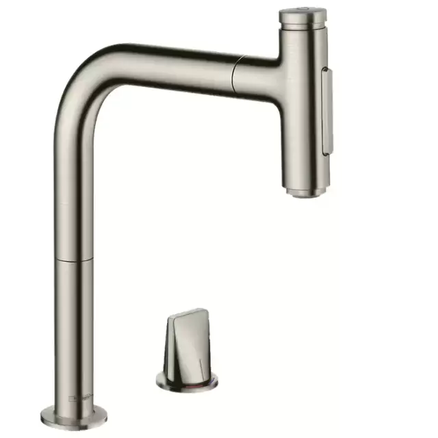 Hansgrohe Metris M71 Смеситель для кухни, на 2 отв, поворотный излив: 22.1см с вытяжным душем, 2jet, h:20.8см, sBox, цвет: нержавейка