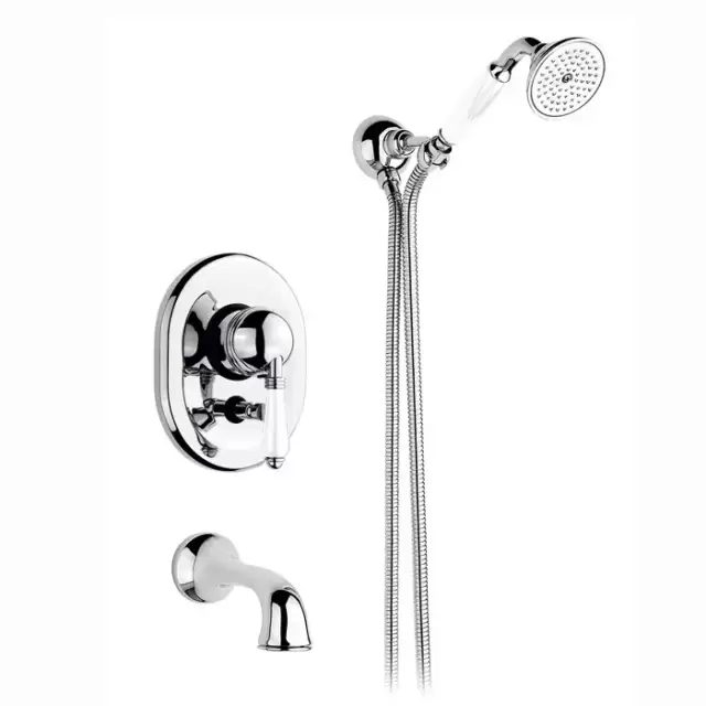 Nicolazzi P.m. Blanc Смеситель для ванны однорычажный, встраиваемый, с изливом 160мм и ручным душем, ручки белая керамика, цвет: хром