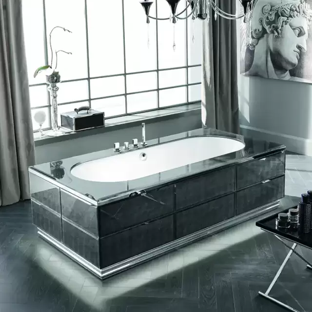 VITAGE milldue edition Ванна 180х75см, стальная, подача воды из водослива, в комплекте с сифоном, основанием стеклянным топом, отдельностоящая, цвет: белый/Alligator silver