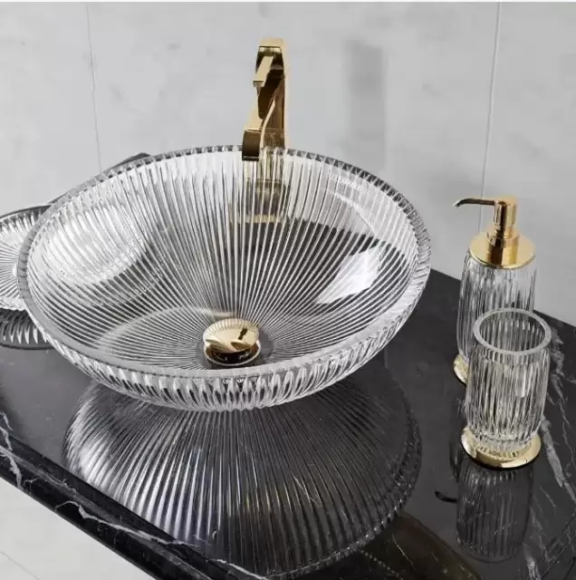 3SC ELEGANCE Раковина накладная, D=43,5/h16 см, без отверстия под смеситель, донный клапан в комплекте, цвет: прозрачный хрусталь/золото 24к.